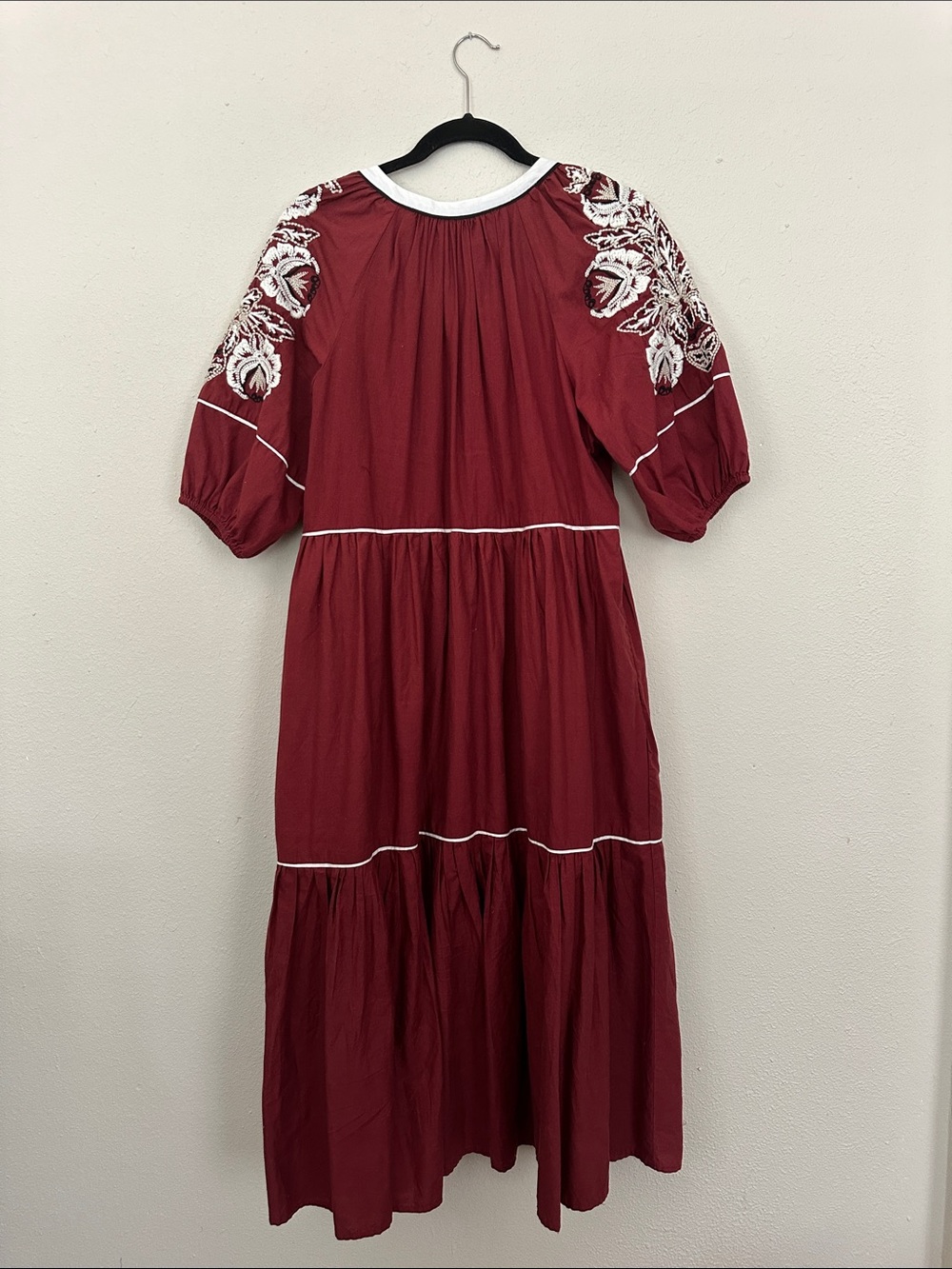 Anthropologie Embroidered Tiered Midi Dress in Deep Wine Red - Picture 7 of 7